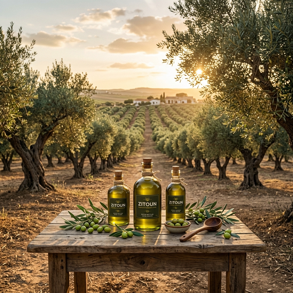 Olive groves in Sfax, Tunisia with premium CHITRA extra virgin olive oil bottles